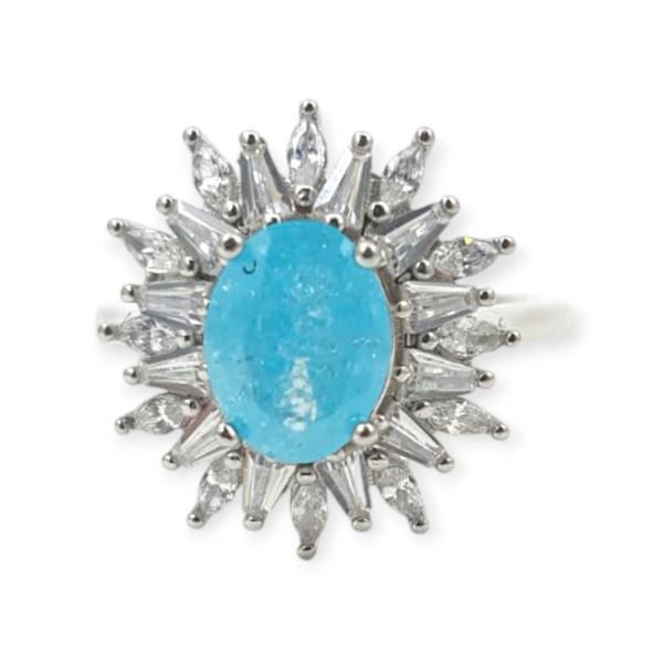 925 Sterling Silver Ring in Flower Shape with Beautiful Sky-Blue Stone